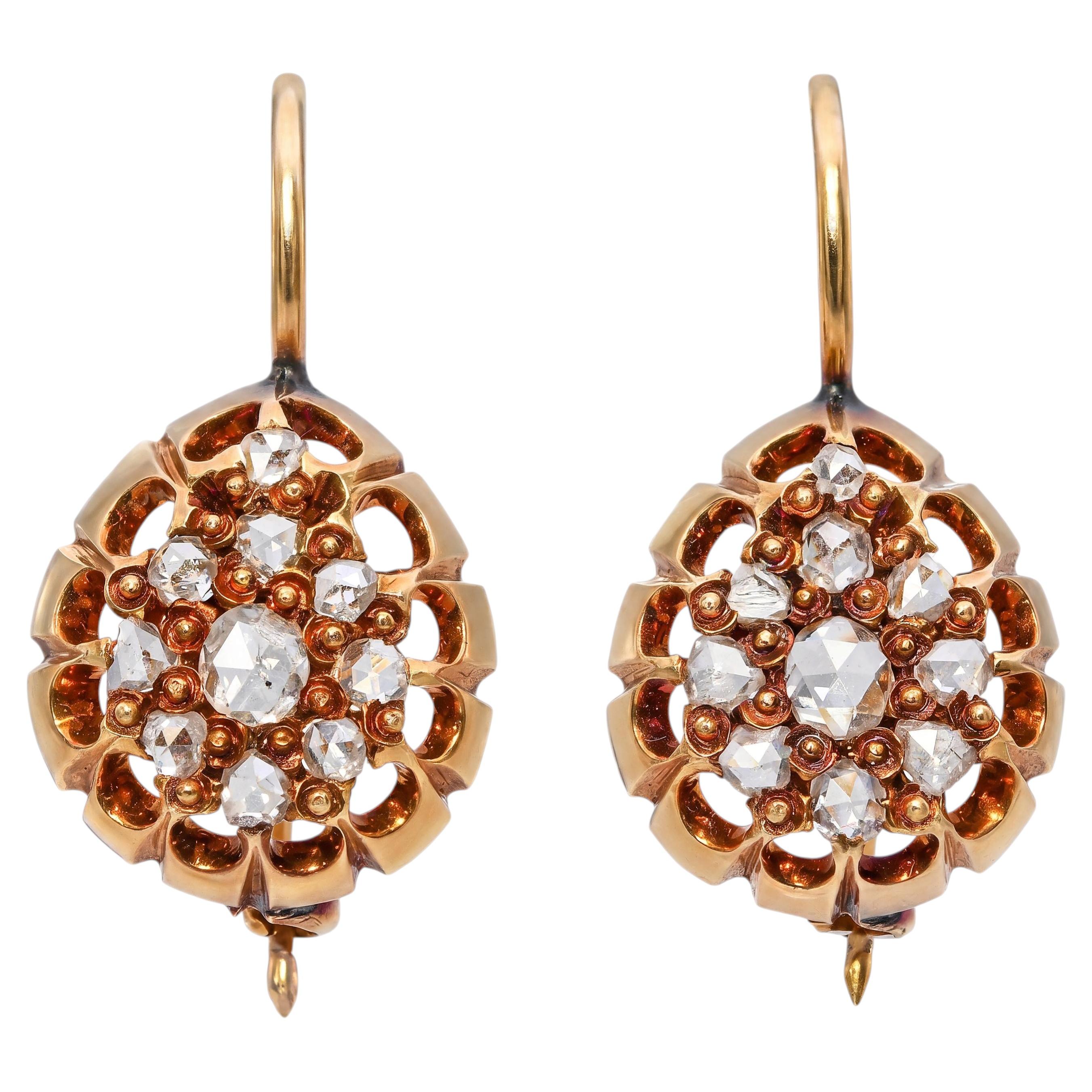 Antique Victorian 17k Yellow Gold .46ctw Rose Cut Diamond Earrings