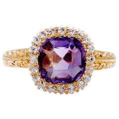 Antique Victorian, 18 Carat Gold, Amethyst and Diamond Cluster Ring