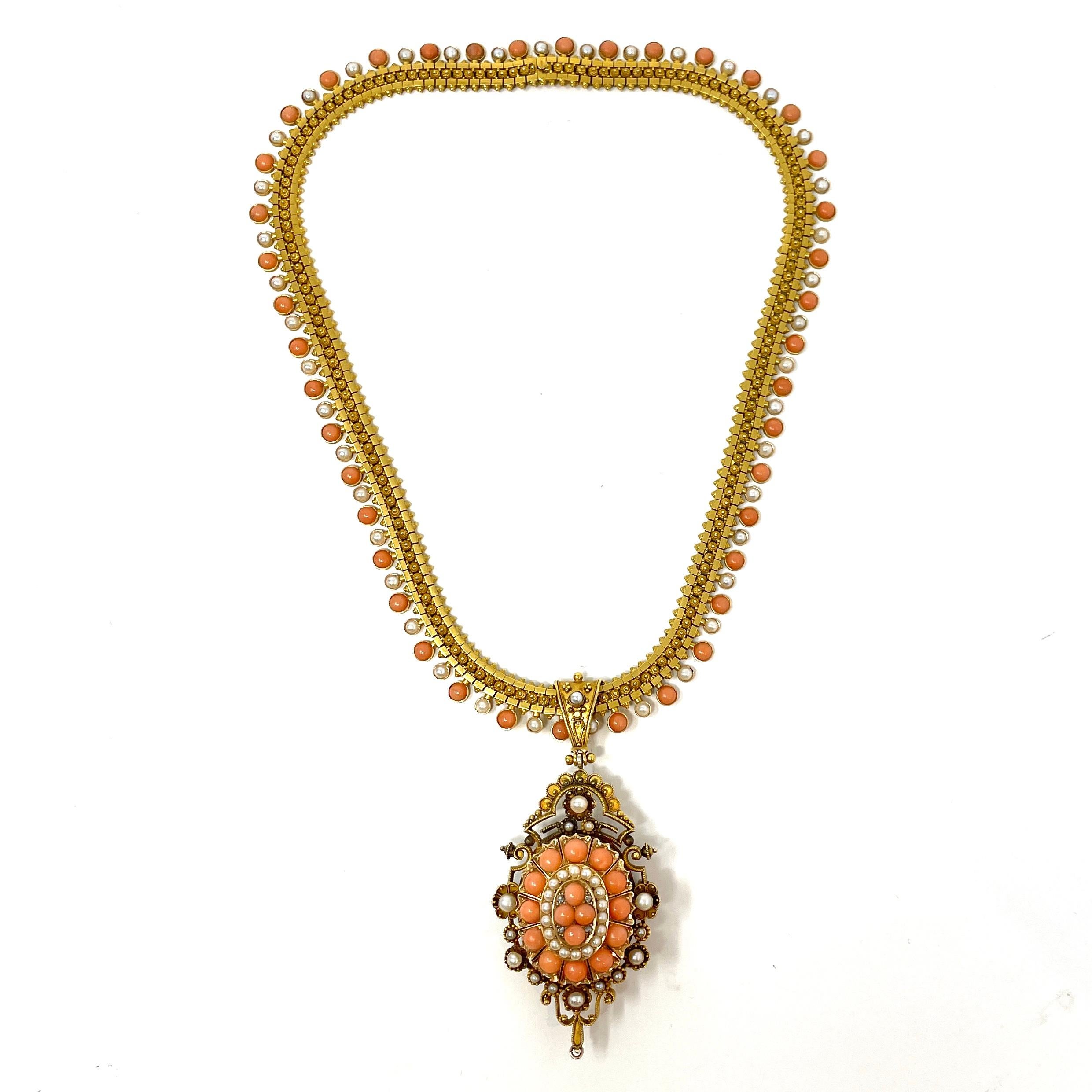 Antique English Coral, Pearl and Diamond Demi-Parure

This exquisite set consists of a necklace, a pin/pendant, and earrings in their original presentation box from Watherston and Son, London.
Circa 1860-80
 
Necklace length: 16 3/4 inches
Earring