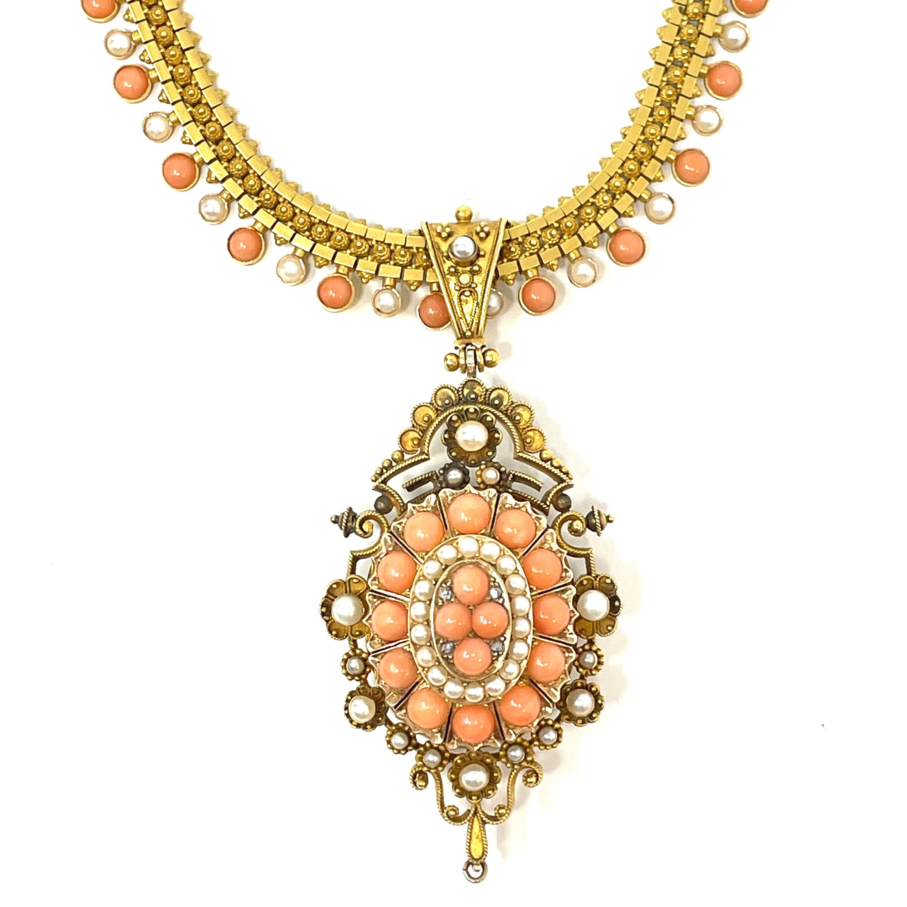 Antique Victorian 18 Carat Gold Coral, Pearl and Diamond Suite, Circa 1860-80 In Good Condition For Sale In New Orleans, LA