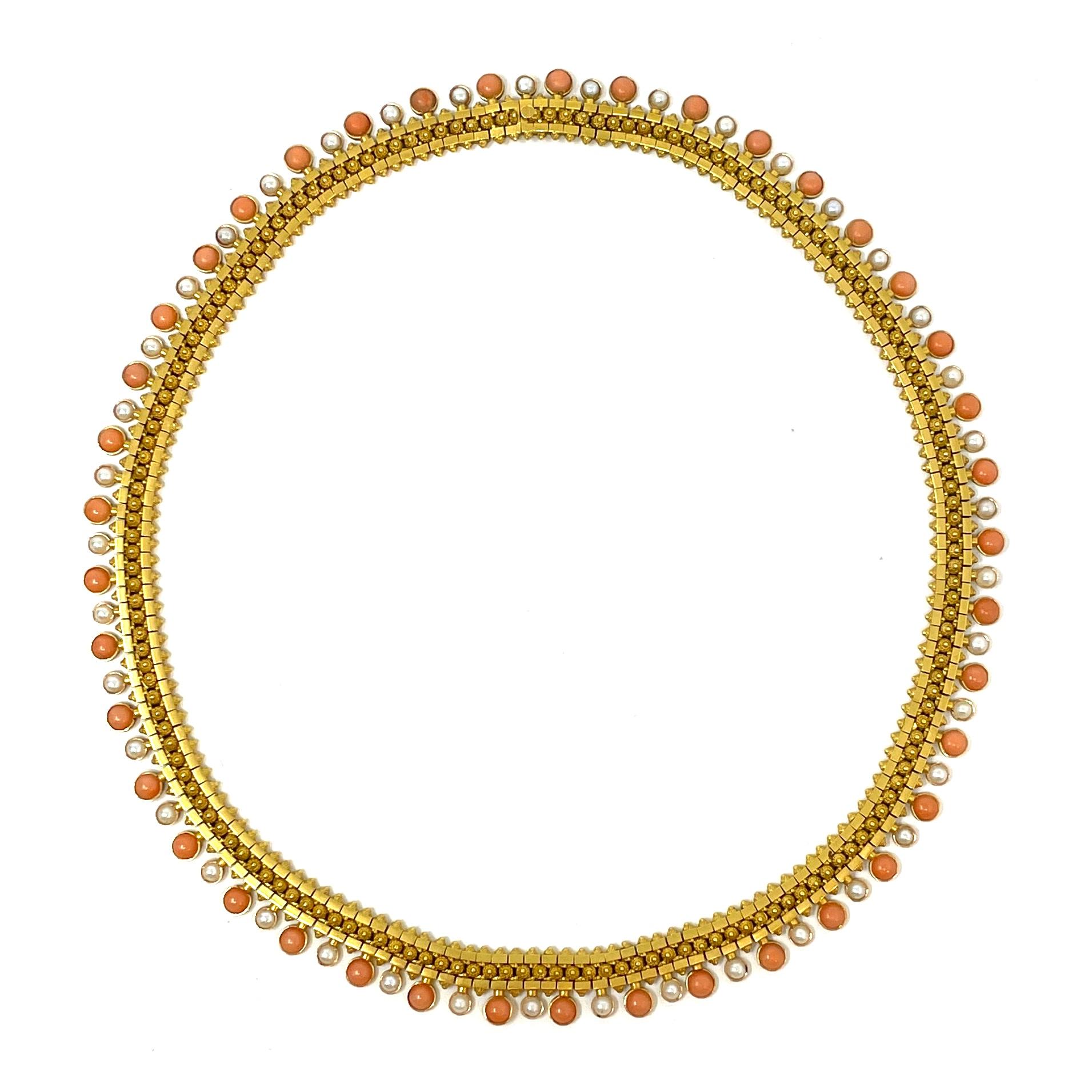 Women's or Men's Antique Victorian 18 Carat Gold Coral, Pearl and Diamond Suite, Circa 1860-80 For Sale