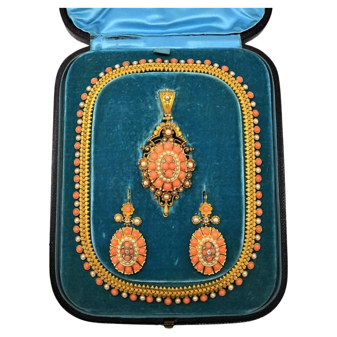 Antique Victorian 18 Carat Gold Coral, Pearl and Diamond Suite, Circa 1860-80