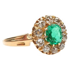 Antique, Victorian, 18 Carat Gold Emerald and Diamond Cluster Engagement Ring