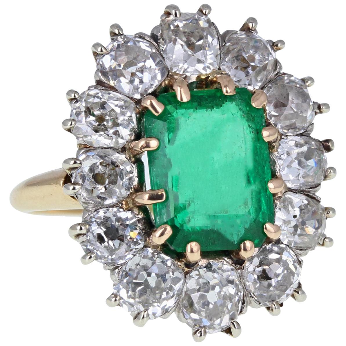 Antique Victorian 18 Carat Gold Emerald Old Cut Diamond Cluster Cocktail Ring For Sale