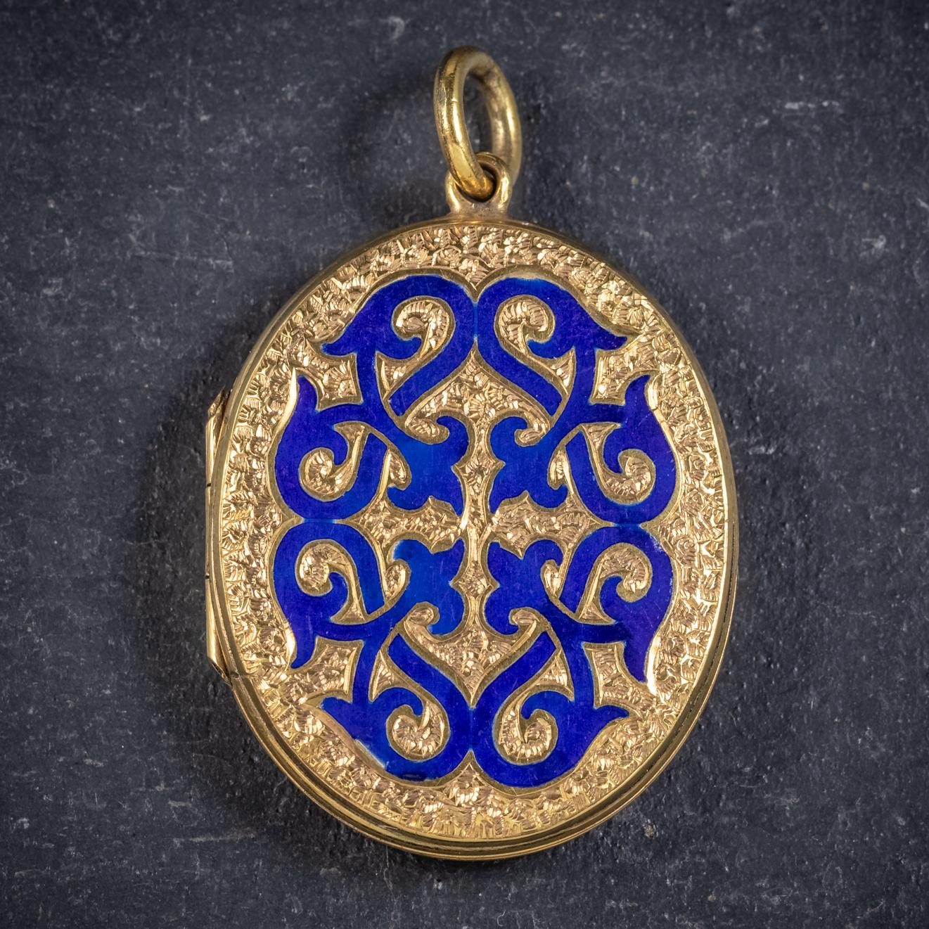 This wonderful antique 18ct Gold Gilt locket is from the Victorian era, Circa 1880. 

The piece boasts a fabulous royal blue Enamel design in the centre with engraved patterning across the front and back. 

Complete with original rims inside with