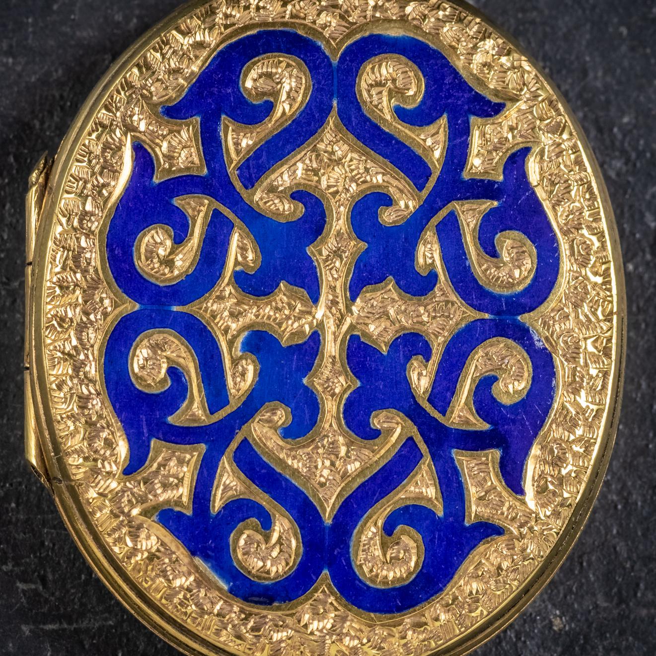 Antique Victorian 18 Carat Gold Gilt Blue Enamel circa 1880 Locket In Excellent Condition For Sale In Lancaster , GB