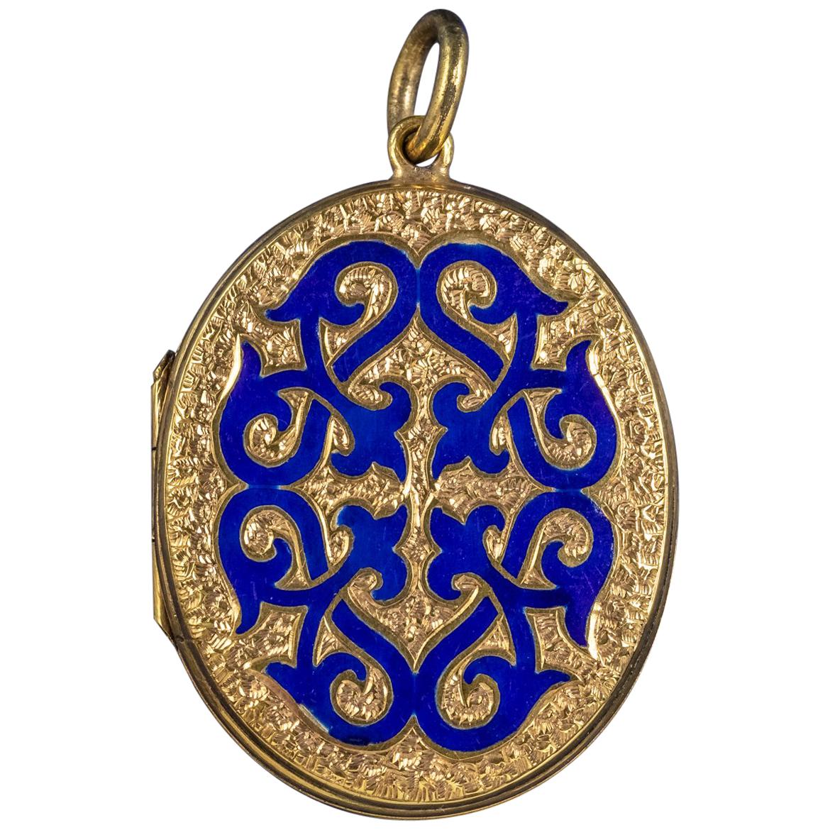 Antique Victorian 18 Carat Gold Gilt Blue Enamel circa 1880 Locket For Sale