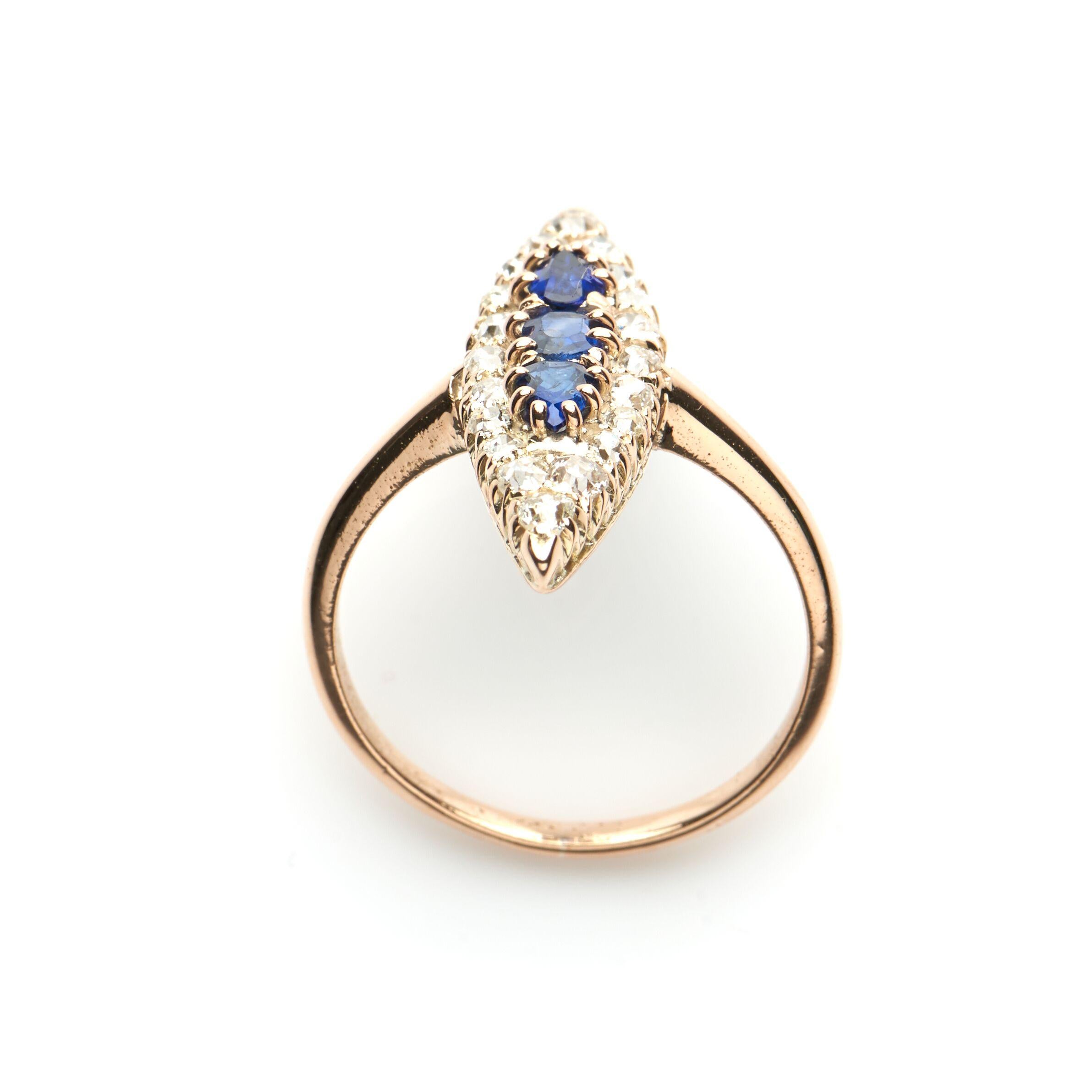Old Mine Cut Antique, Victorian, 18 Carat Gold, Navette Sapphire and Diamond Cluster Ring
