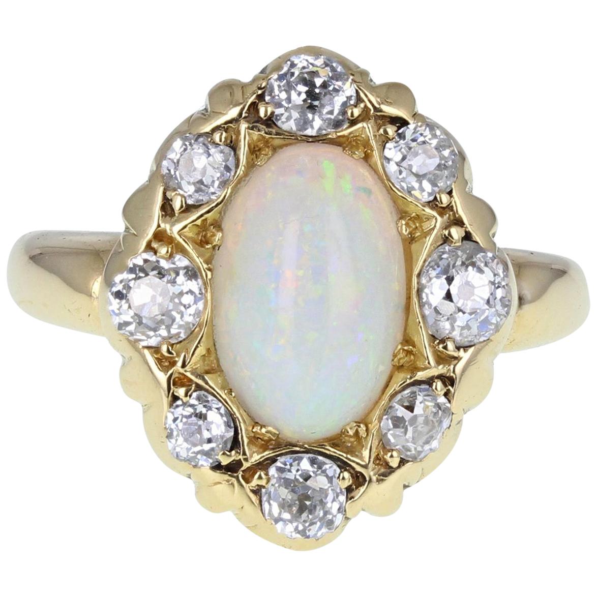 Antique Victorian 18 Carat Gold Opal Diamond Cluster Cocktail Dress Ring For Sale