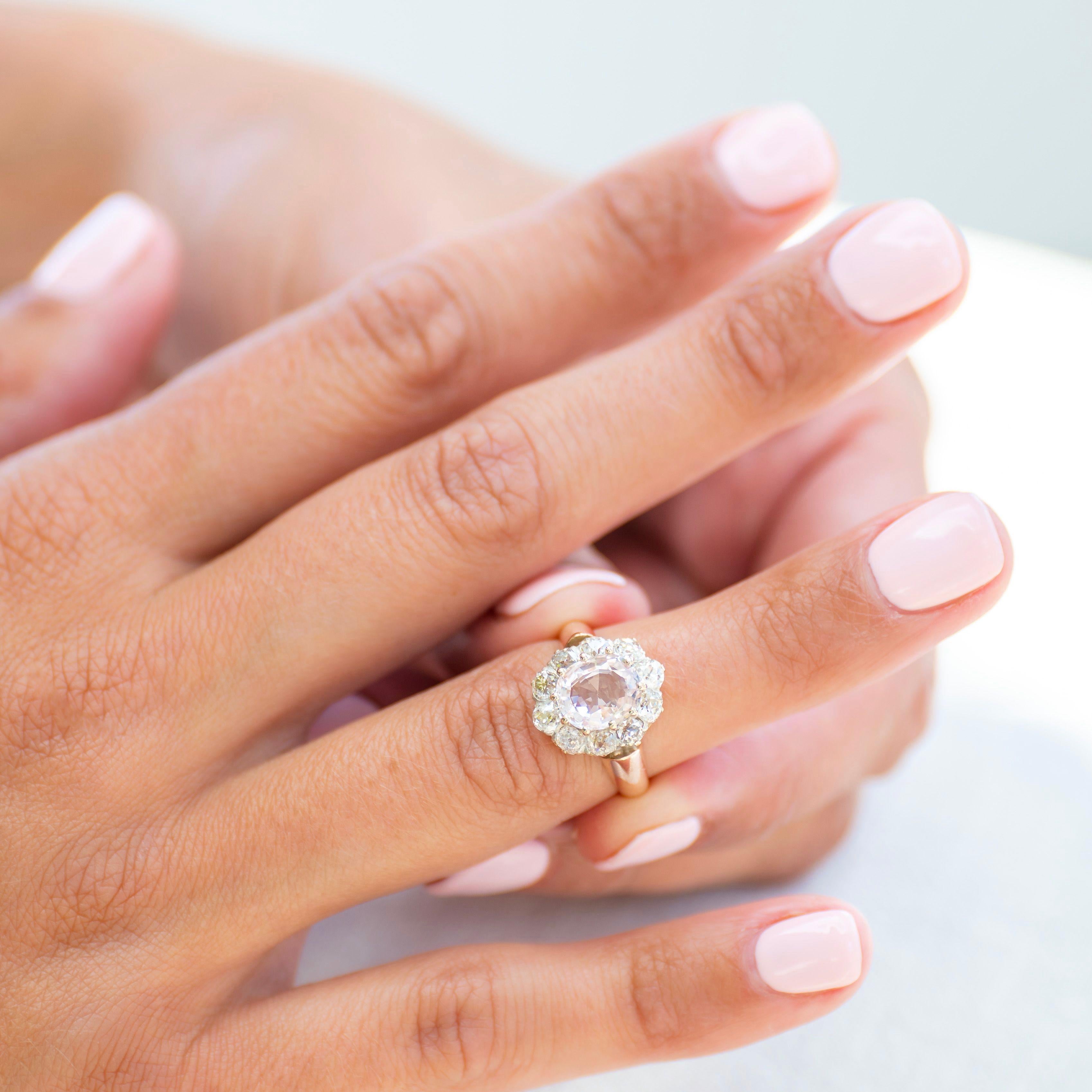 Women's Antique Victorian, 18 Carat Gold, Peach Sapphire and Diamond Cluster Ring