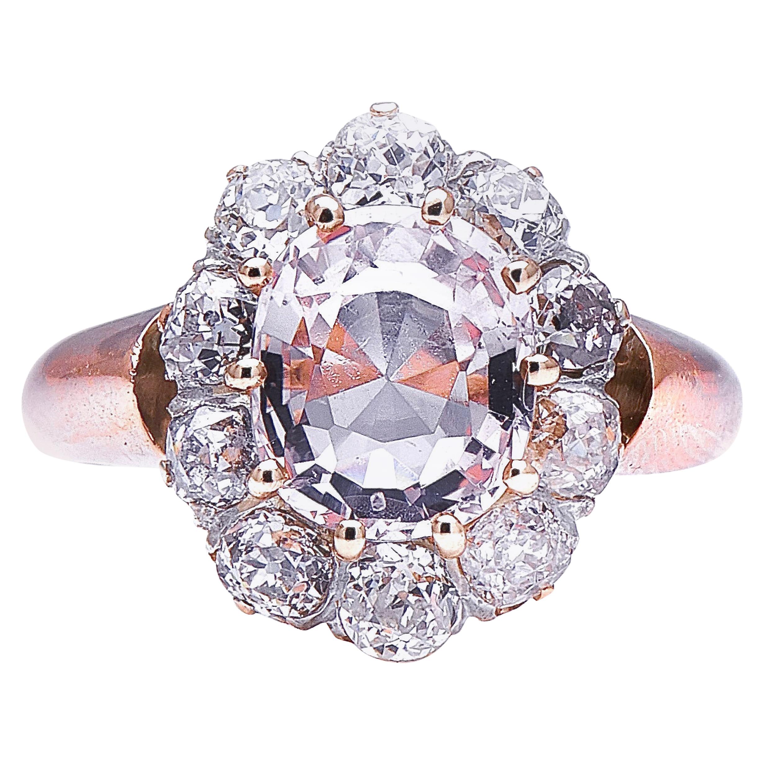 Antique Victorian, 18 Carat Gold, Peach Sapphire and Diamond Cluster Ring