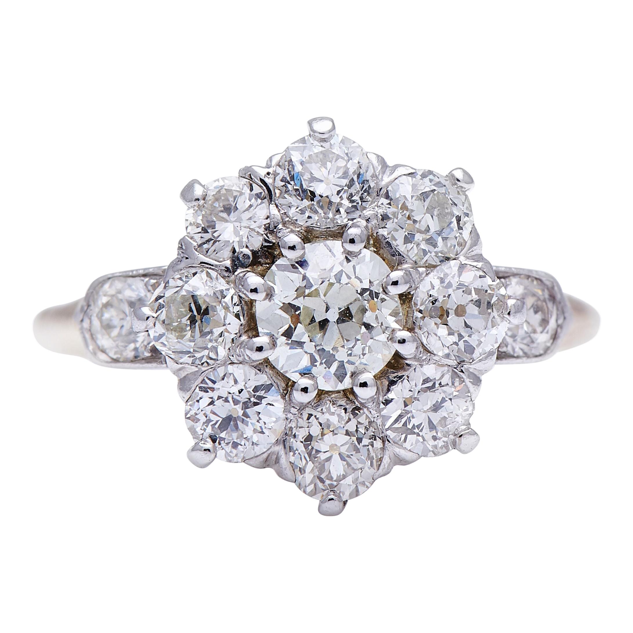 Antique Victorian, 18 Carat Gold, Platinum, Old-Cut Diamond Cluster Ring