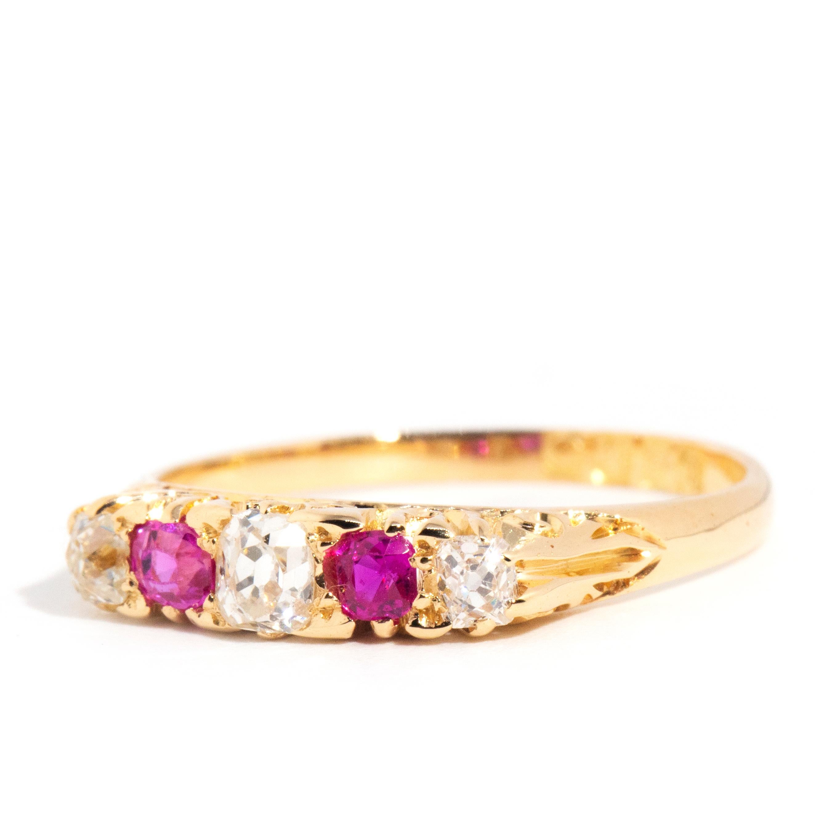 Antique Victorian 18 Carat Gold Ruby and Old Mine Cut Diamond London Bridge Ring In Good Condition In Hamilton, AU
