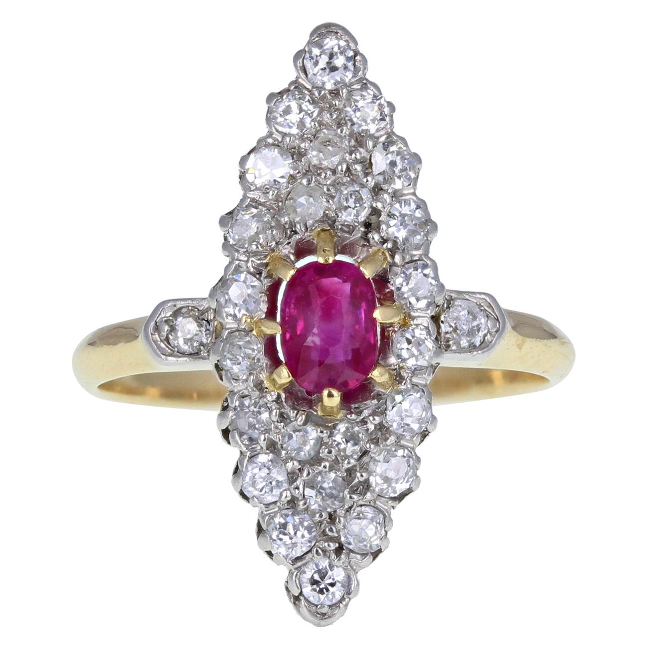 Antique Victorian 18 Carat Gold Ruby Diamond Navette Cluster Ring For Sale