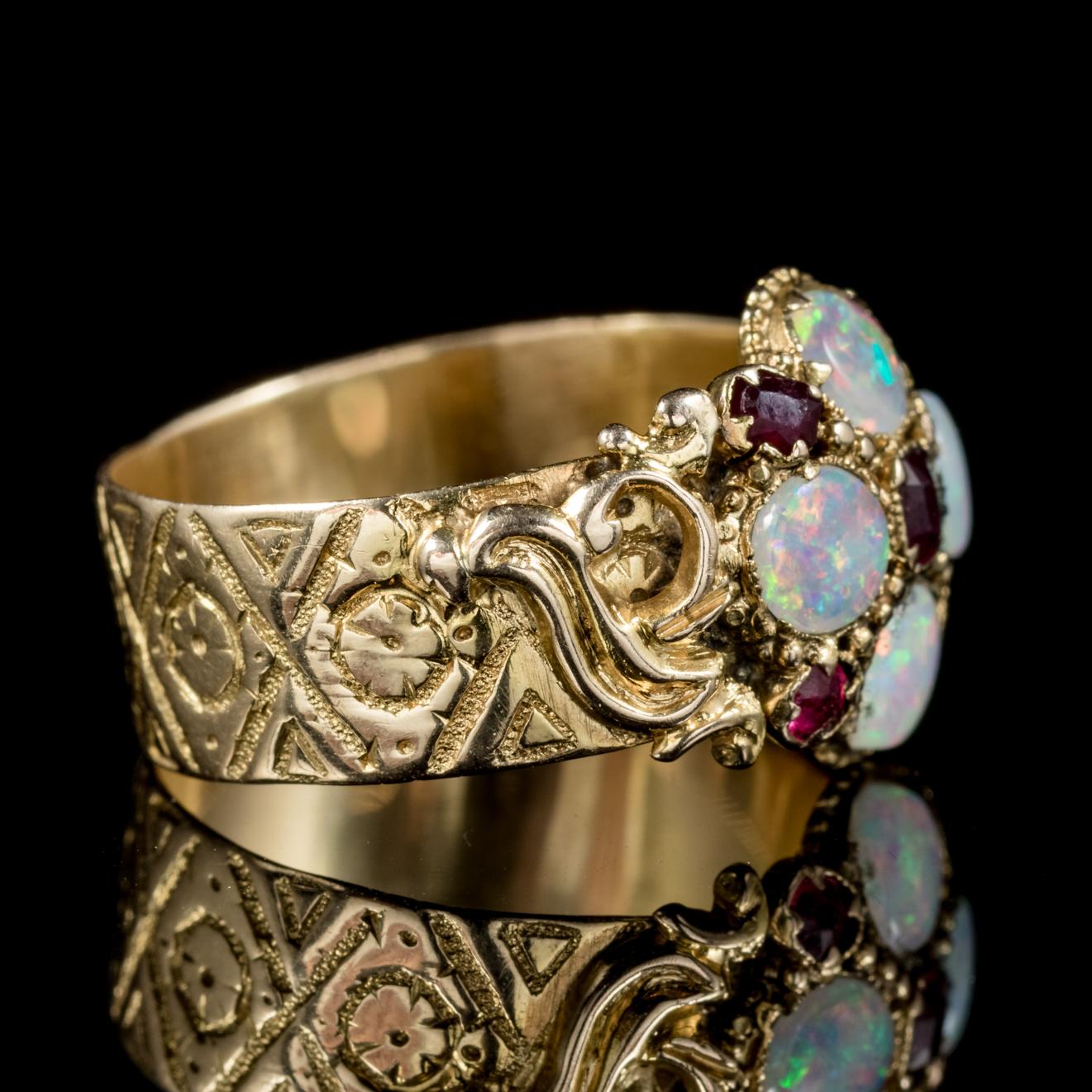 Women's Antique Victorian 18 Carat Gold Ruby Opal Ring Dated Birmingham, 1888