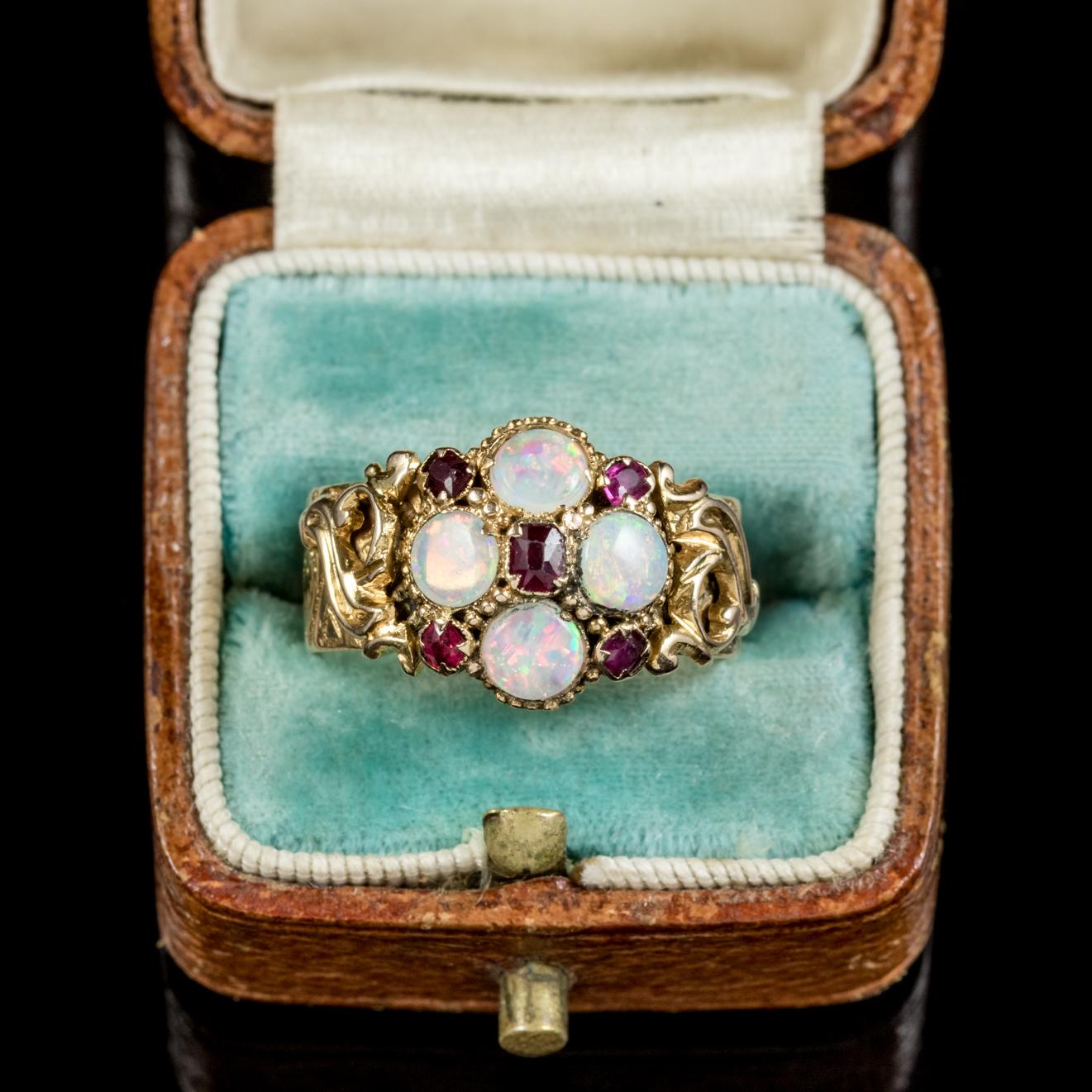 Antique Victorian 18 Carat Gold Ruby Opal Ring Dated Birmingham, 1888 2