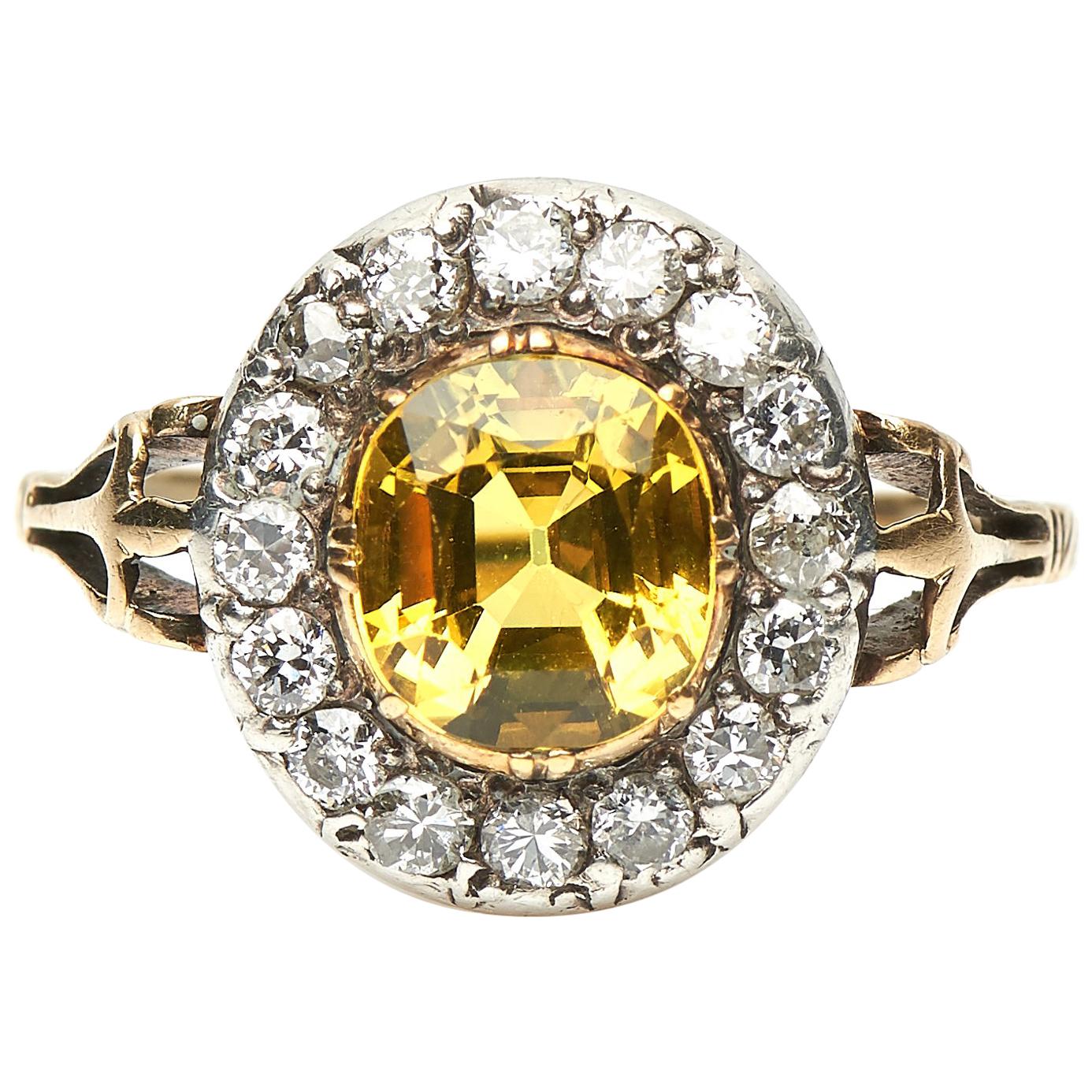 Antique, Victorian, 18 Carat Gold, Yellow Sapphire and Diamond Cluster Ring