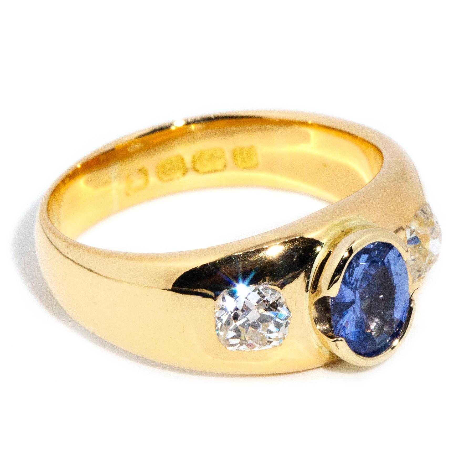 Oval Cut Antique Victorian 18 Carat Yellow Gold Ceylon Sapphire and Diamond Trilogy Ring