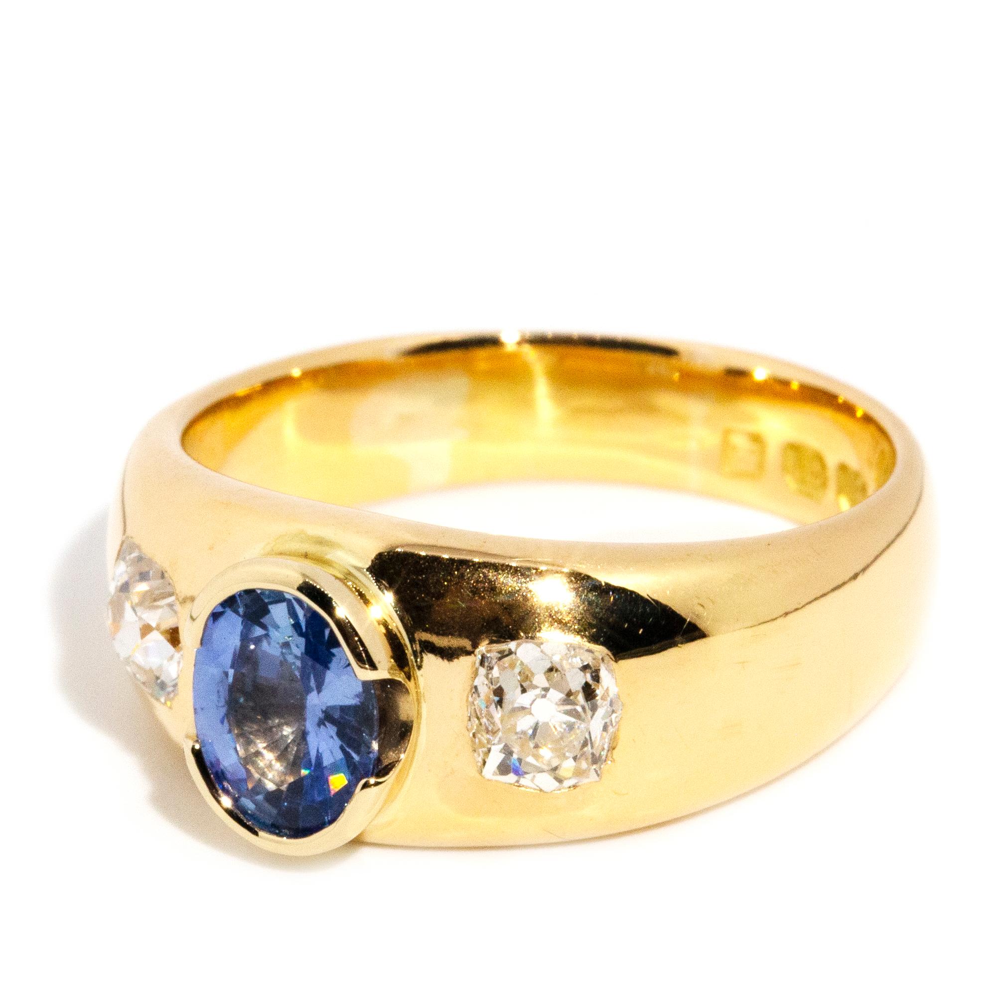 Women's Antique Victorian 18 Carat Yellow Gold Ceylon Sapphire and Diamond Trilogy Ring