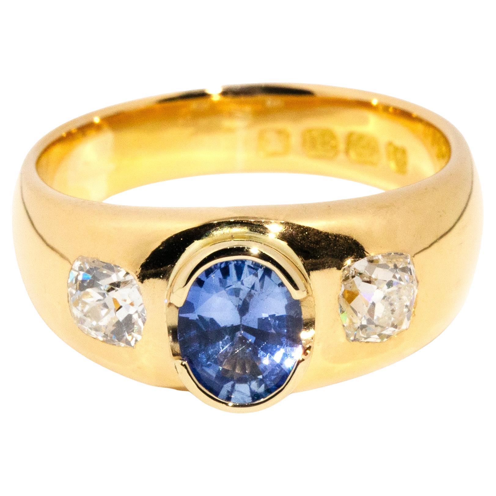 Antique Victorian 18 Carat Yellow Gold Ceylon Sapphire and Diamond Trilogy Ring