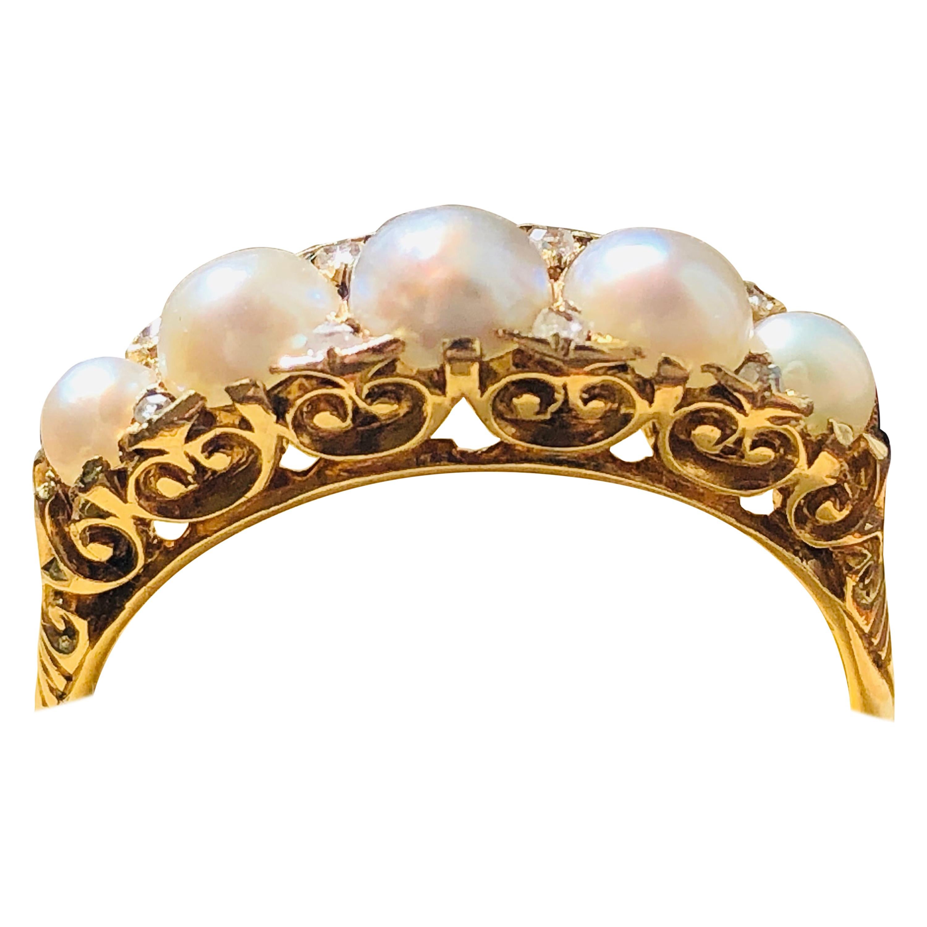 Antique, Victorian, 18 Carat Yellow Gold, Natural Pearl and Diamond Ring