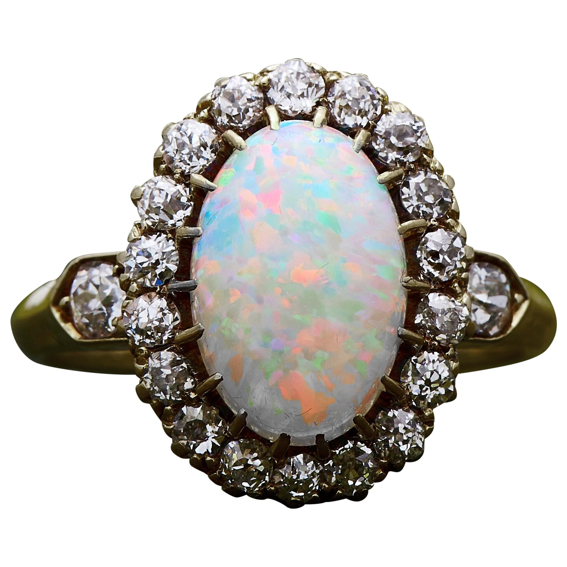 Antique Victorian, 18 Carat Yellow Gold, Opal and Diamond Cluster Ring