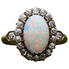 Antique Victorian, 18 Carat Yellow Gold, Opal and Diamond Cluster Ring