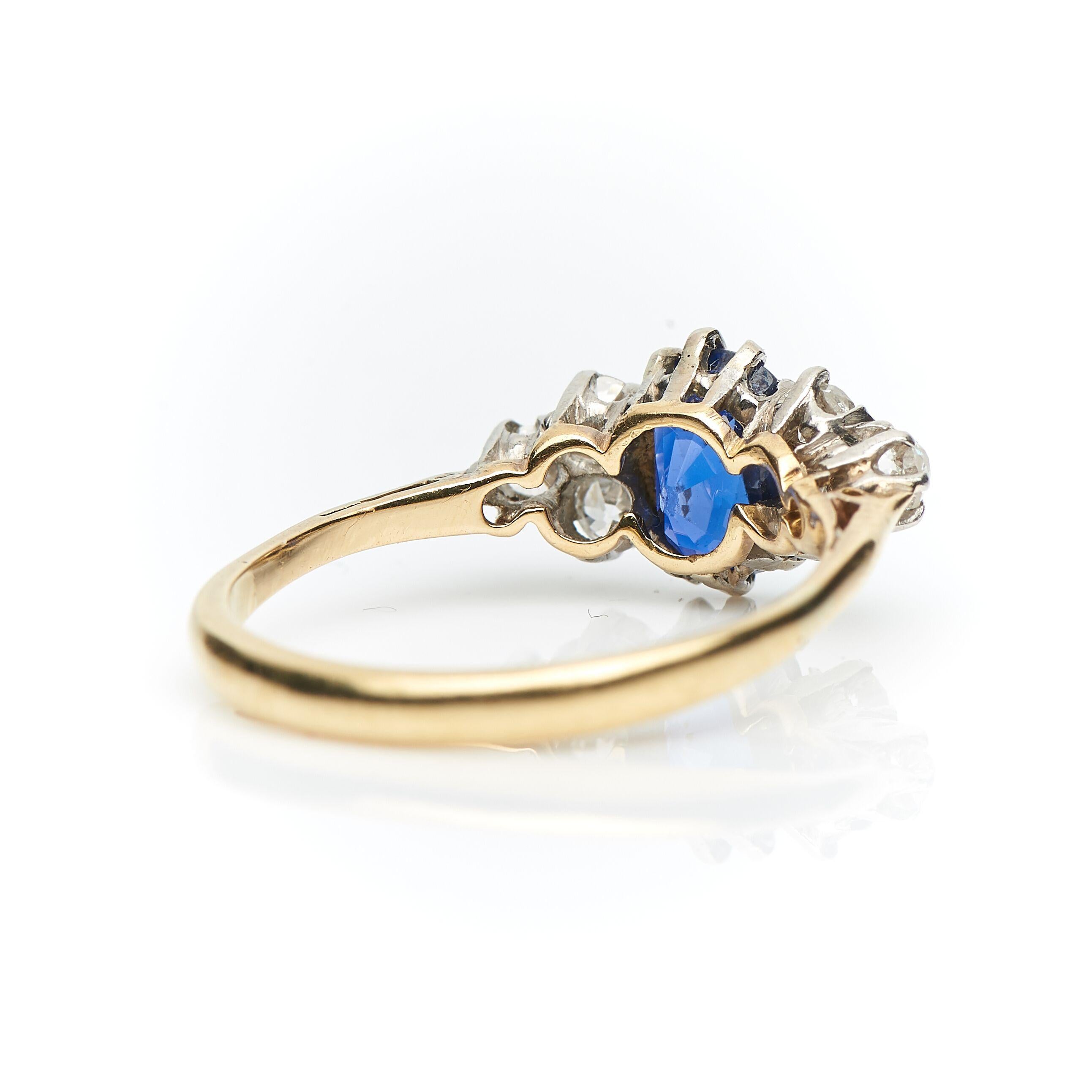 Old Mine Cut Antique, Victorian, 18 Carat Yellow Gold, Sapphire and Diamond Engagement Ring