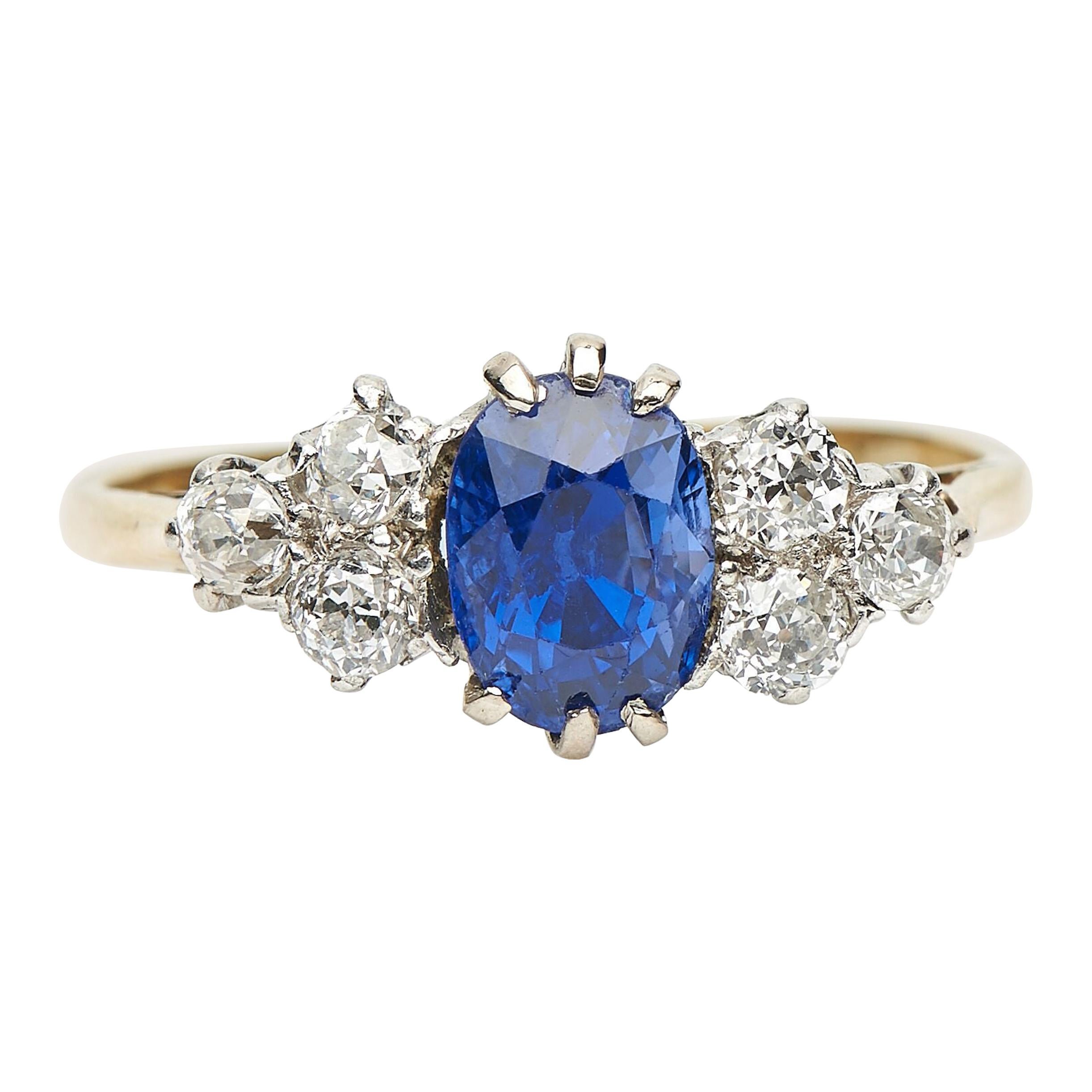 Antique, Victorian, 18 Carat Yellow Gold, Sapphire and Diamond Engagement Ring
