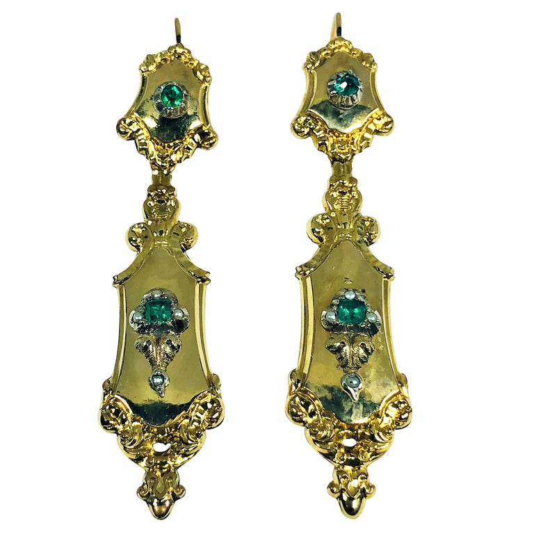 Antique Victorian 18 Karat Emerald and Seed Pearl Chandelier Earrings ...