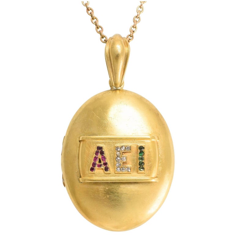 Antique Victorian 18 Karat Gold "AEI" Oval Locket Necklace at 1stdibs