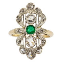 Victorian Style 18 Karat Gold and Silver Diamond and Emerald Ring