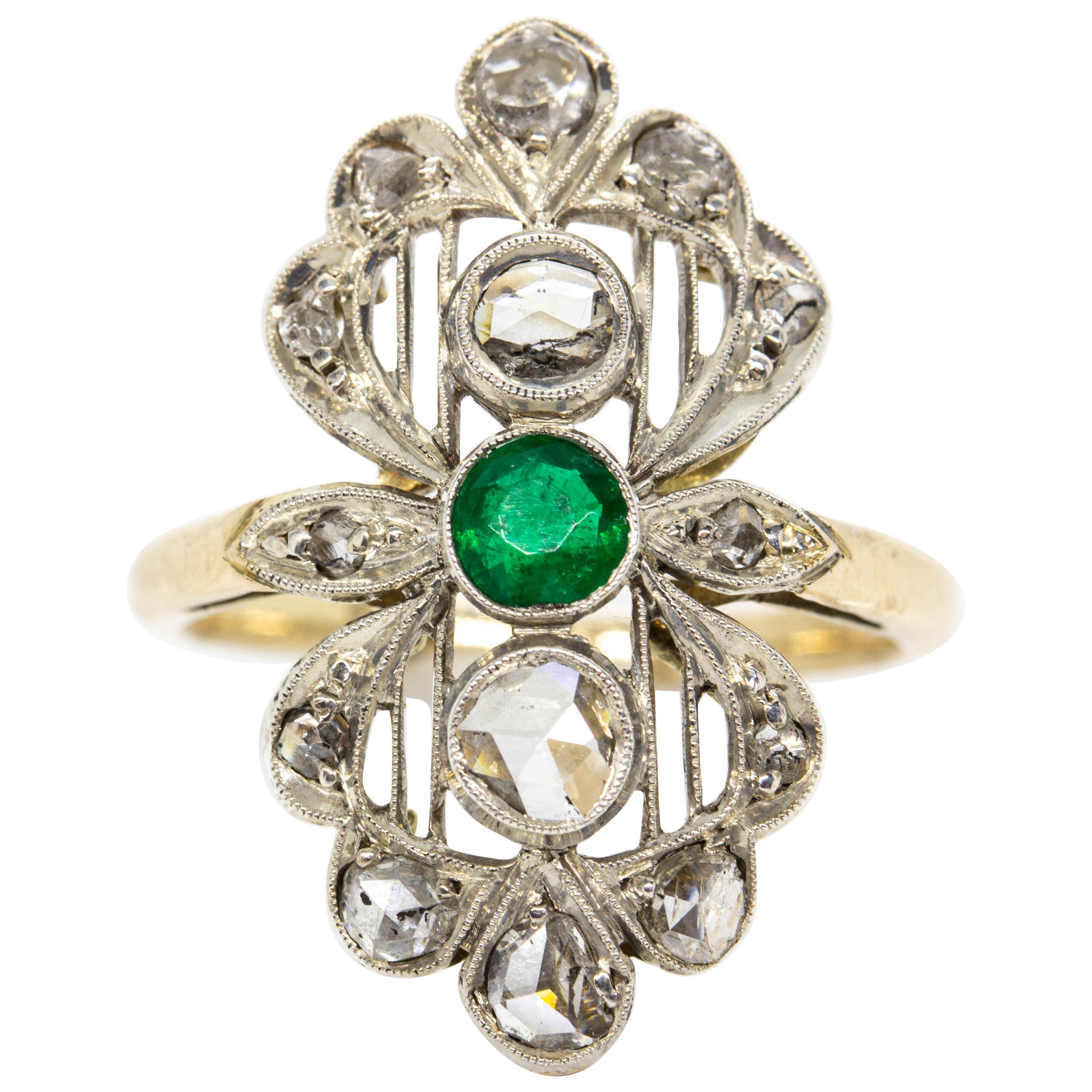 Antique Victorian 18 Karat Gold and Silver Diamonds and Emerald Ring For Sale