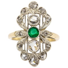 Antique Victorian 18 Karat Gold and Silver Diamonds and Emerald Ring