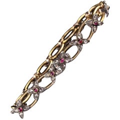 Antique Victorian 18 Karat Gold and Silver Rose Cut Diamond and Ruby Bracelet