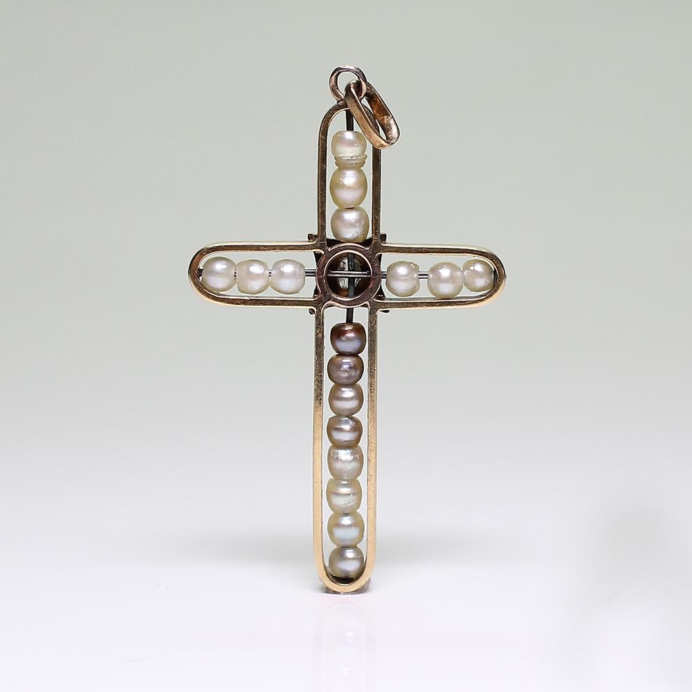 Antique Victorian 18 Karat Gold Diamond and Pearl Cross In Excellent Condition In Miami, FL