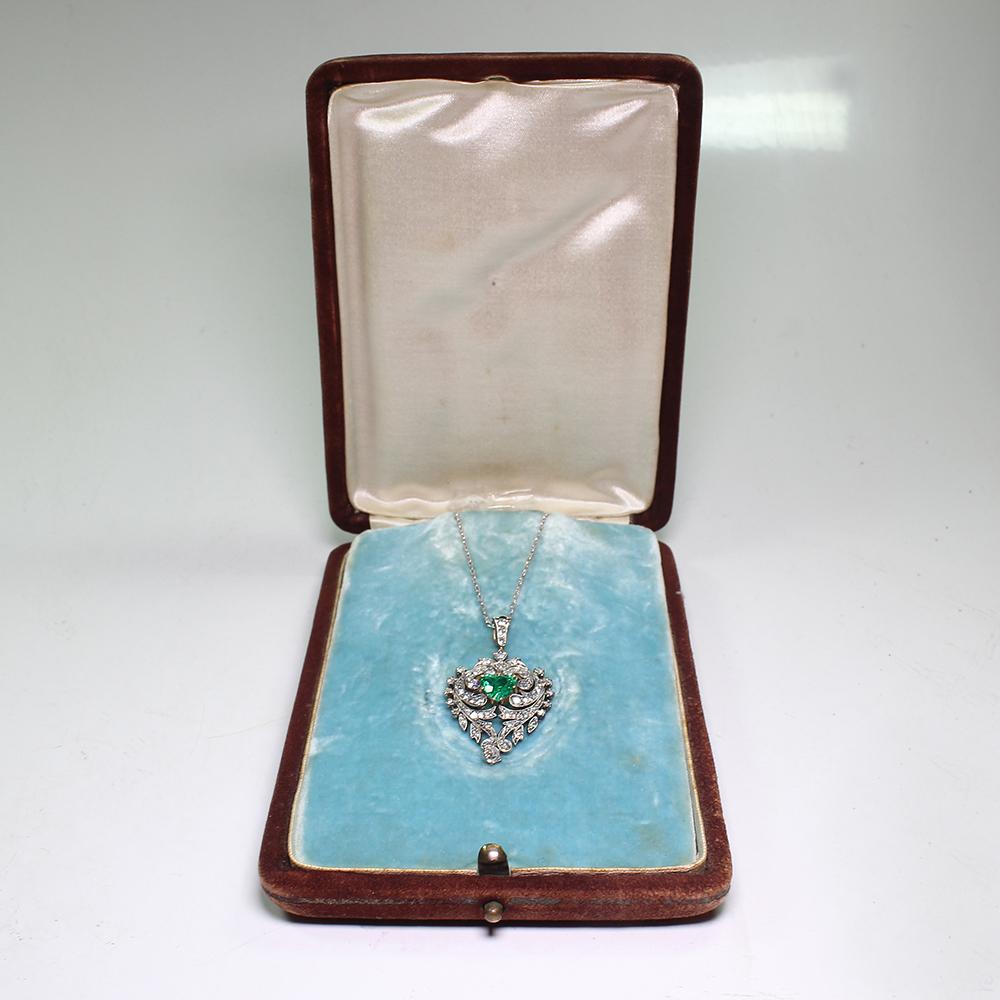 Antique Victorian 18 Karat Gold Emerald and 1.25 Carat Diamond Pendant 1
