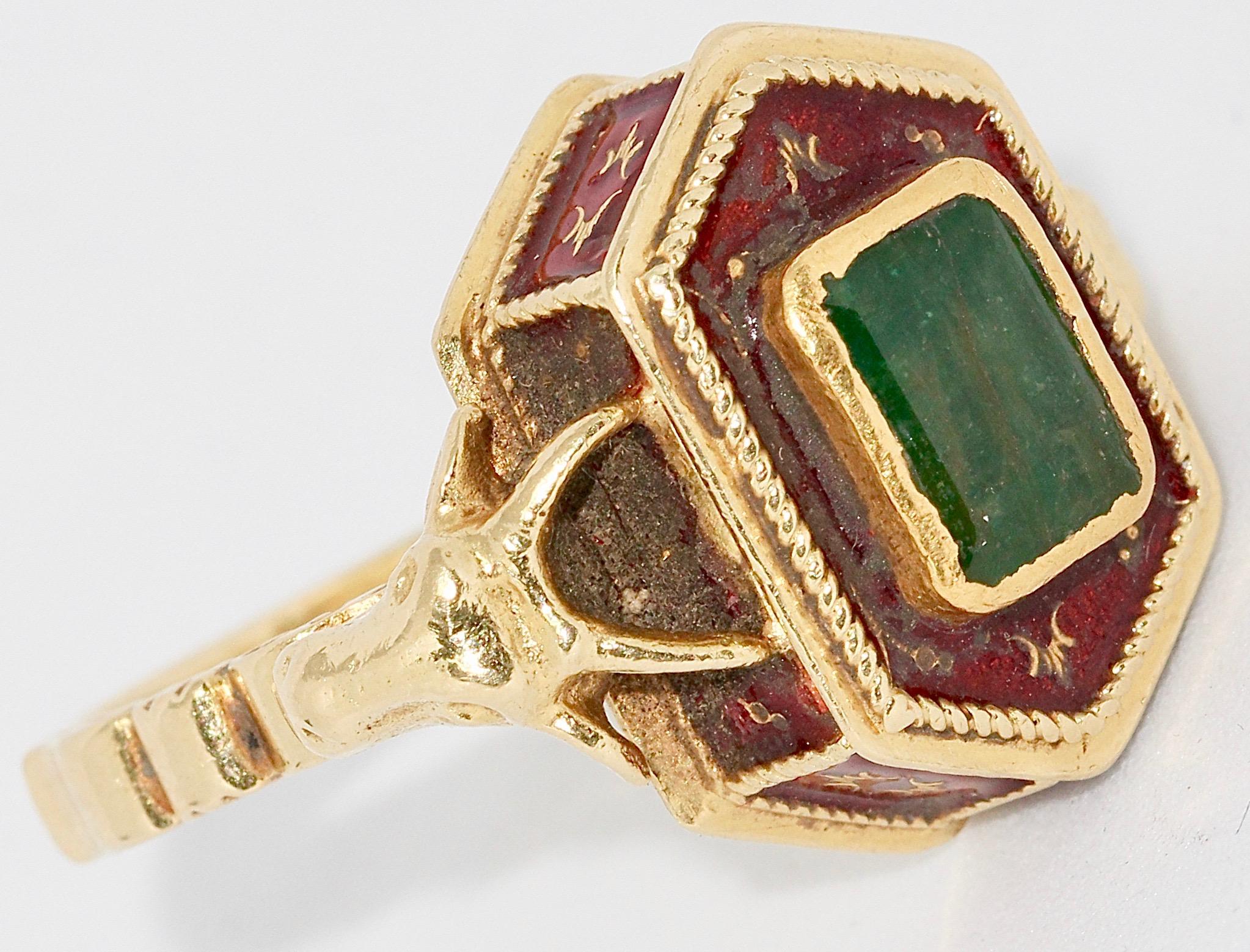 Antique Victorian 18 Karat Gold, Emerald and Enamel Snuff, Poison, Locket Ring 2