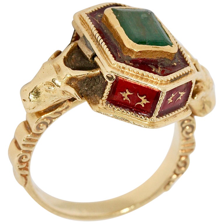 Antique Victorian 18 Karat Gold, Emerald and Enamel Snuff, Poison, Locket Ring