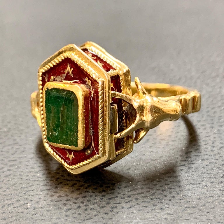 Antique Victorian 18 Karat Gold, Emerald and Enamel Snuff, Poison