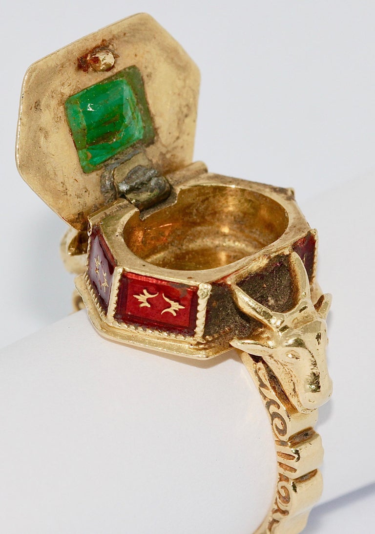Antique Victorian 18 Karat Gold, Emerald and Enamel Snuff, Poison, Locket Ring 7