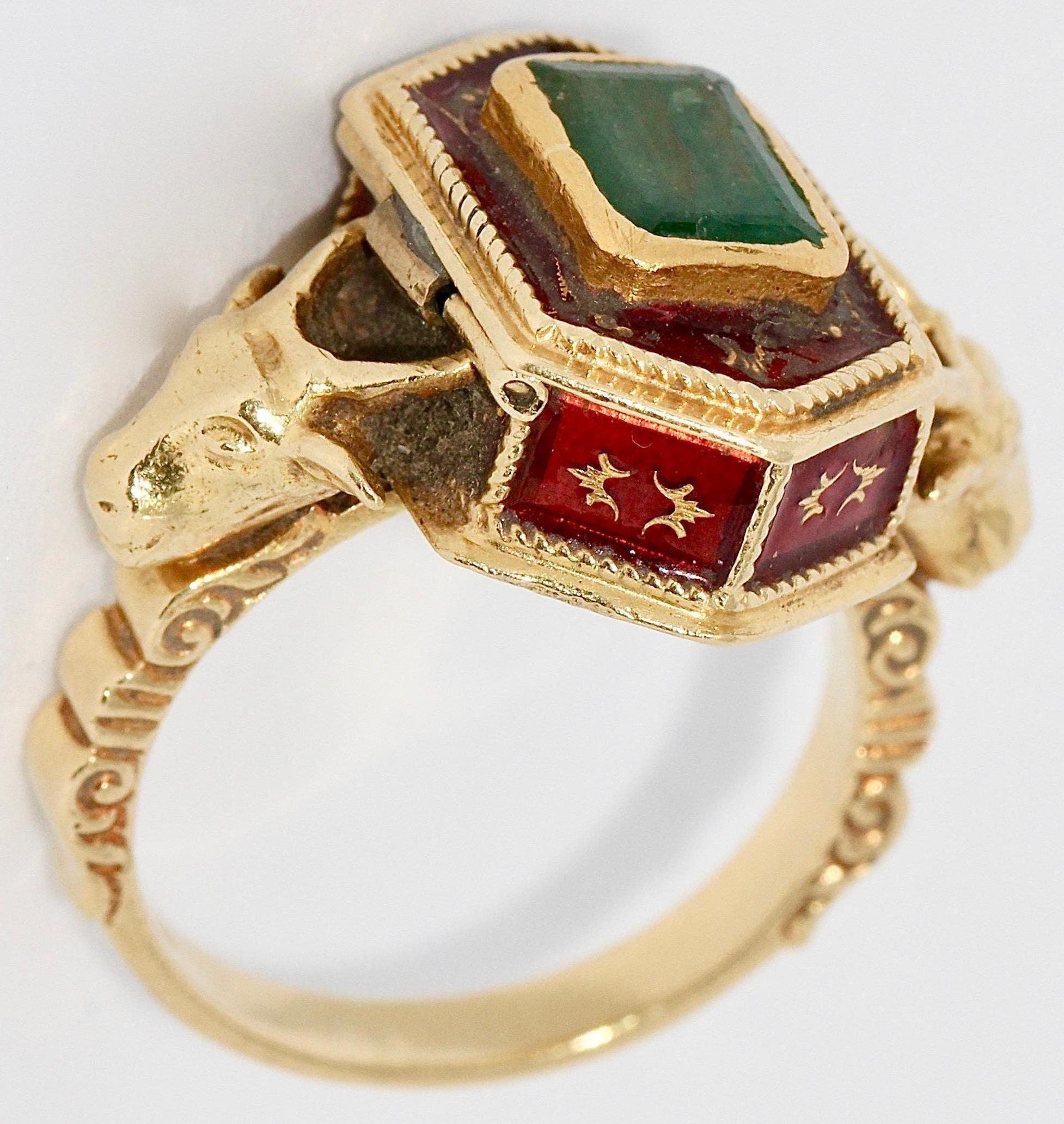 Antique Victorian 18 Karat Gold, Emerald and Enamel Snuff, Poison, Locket Ring 1