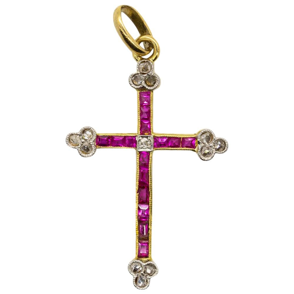 Antique Victorian 18 Karat Gold Natural Rubies and Diamonds Cross For Sale