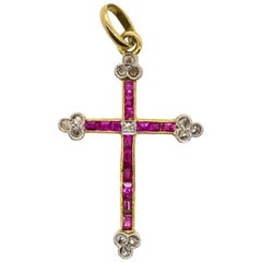 Antique Victorian 18 Karat Gold Natural Ruby and Diamond Cross