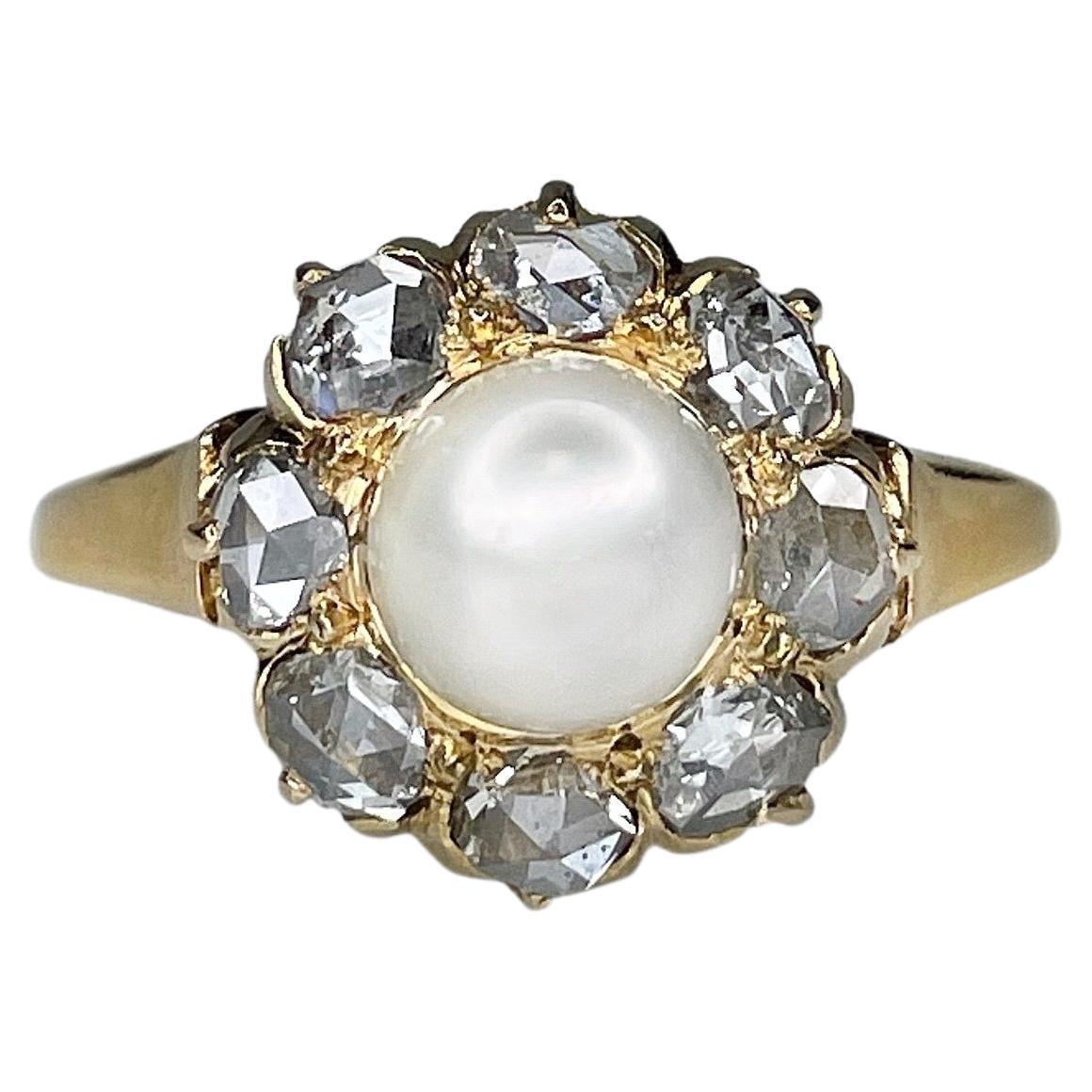 Victorian 18 Karat Gold Pearl 0.40 Carat Rose Cut Diamond Cluster Ring