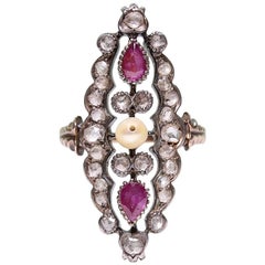 Antique Victorian 18 Karat Gold Pearl - Diamond and Ruby Ring