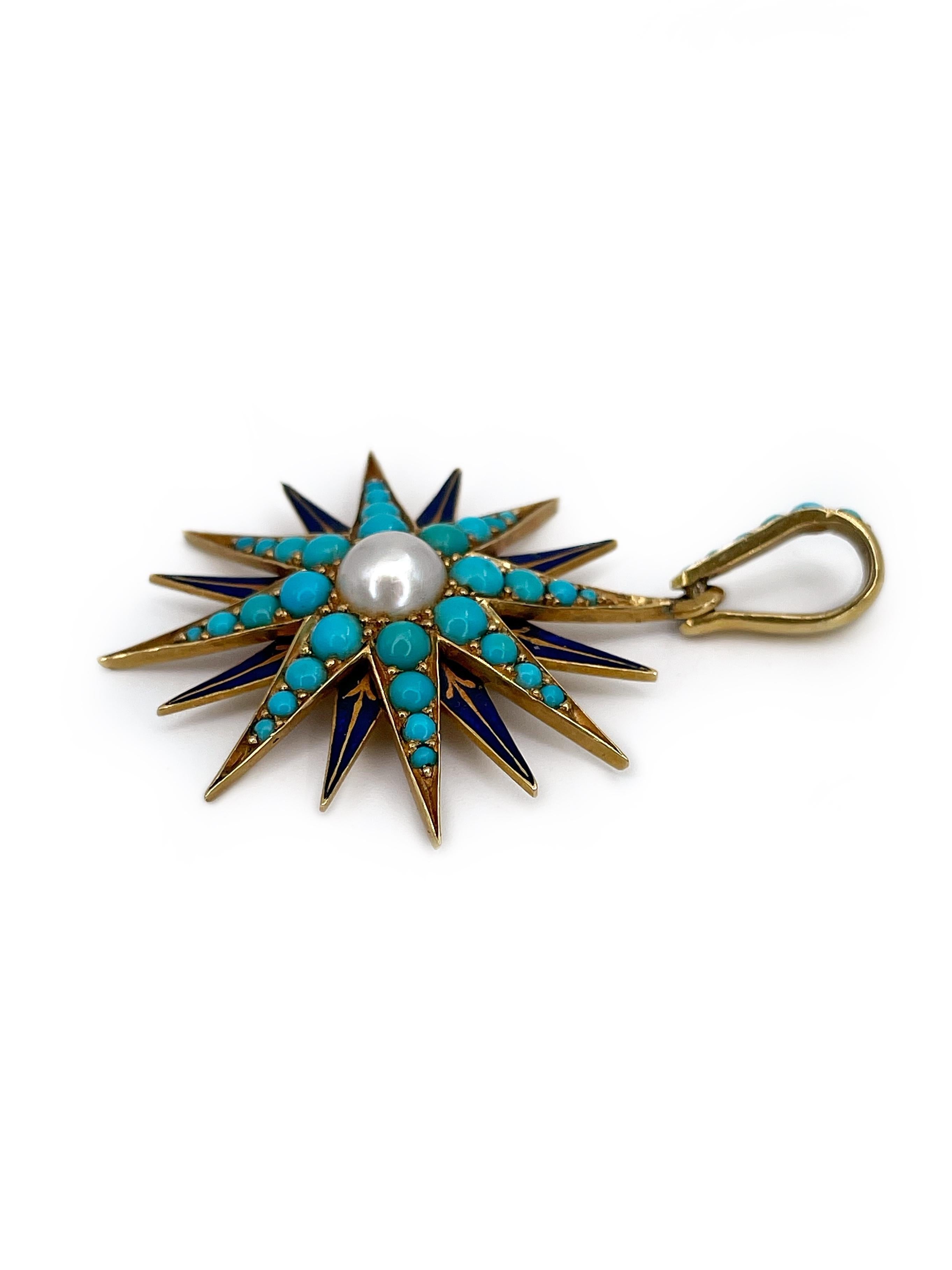 This is a lovely Victorian starburst pendant necklace crafted in 18K yellow gold. It features one cultured pearl (~6mm) and 38 turquoises. The piece is adorned with blue enamel which condition is good. 

Weight: 5.66g
Length: 4.5cm
Diameter: