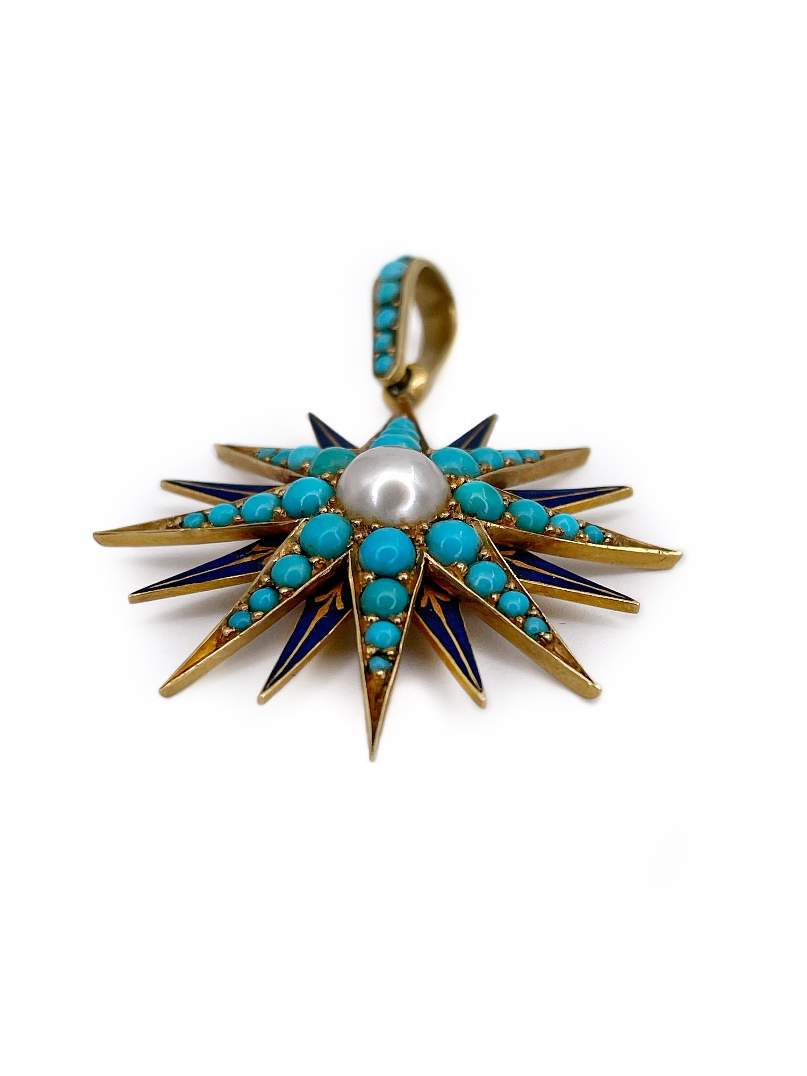 Round Cut Antique Victorian 18 Karat Gold Pearl Turquoise Enamel Starburst Pendant