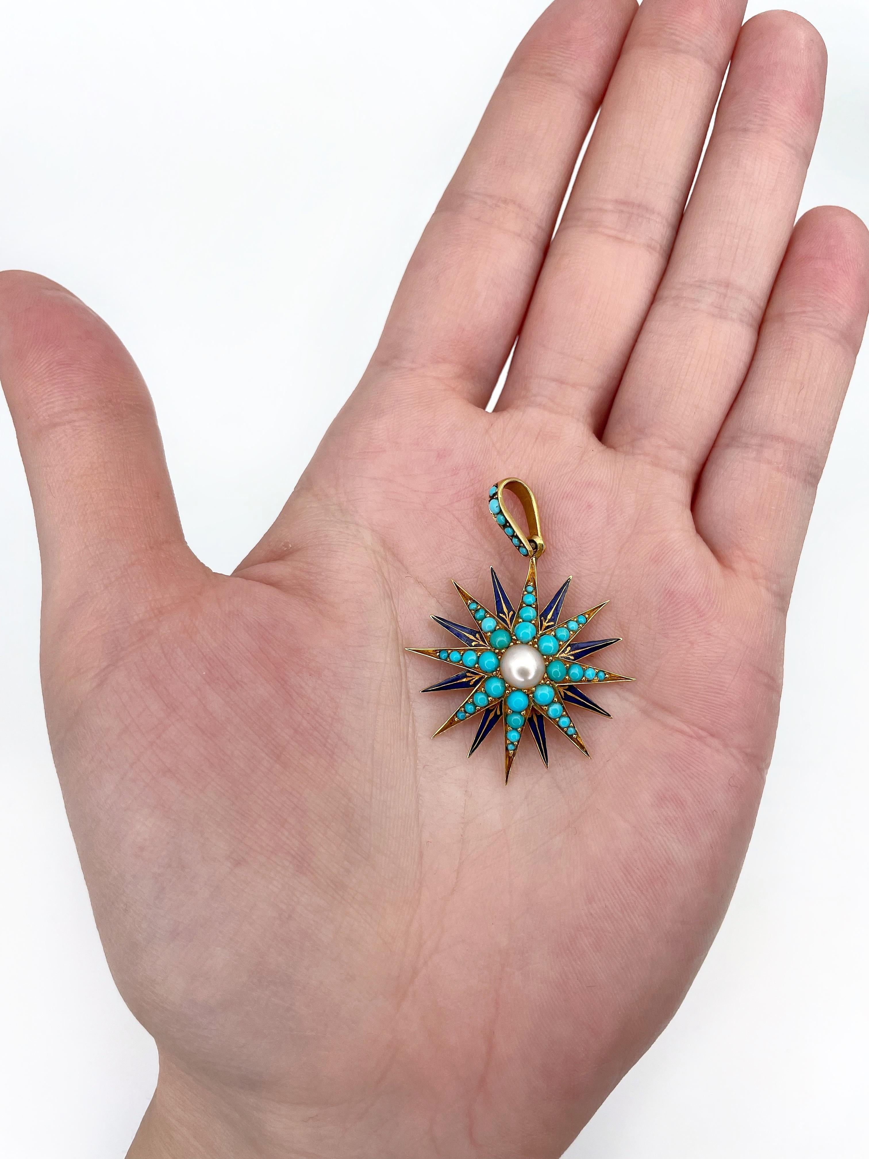 Antique Victorian 18 Karat Gold Pearl Turquoise Enamel Starburst Pendant 1