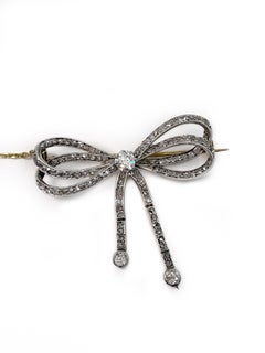 Antique Victorian 18 Karat Gold Rose Cut Diamond Bow Pin Brooch